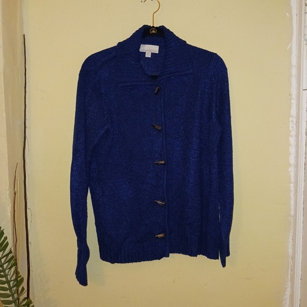 Carolyn Taylor Blue Button Down Cardigan Sweater Petite XL Toggle Knit Cardigan